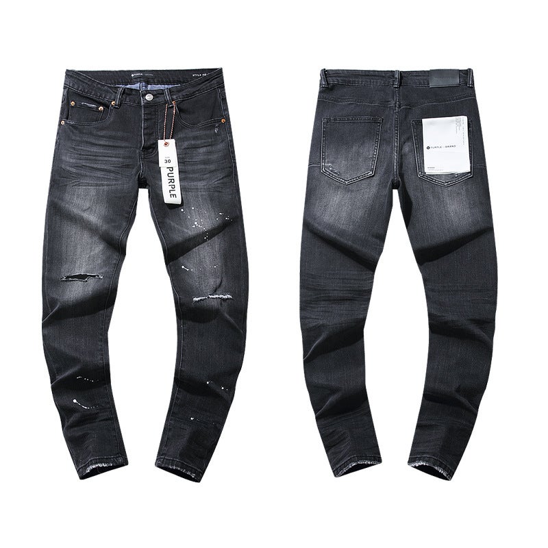 Purple New Style Splash-Ink Print Trendy High Street Retro Ripped Casual Trendy Unisex Denim Pants - Image 3
